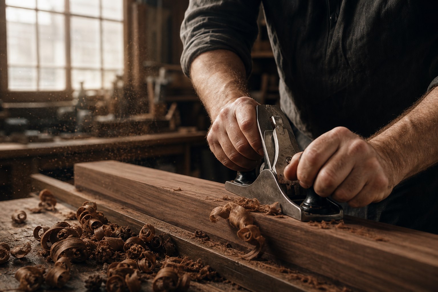 An artisan hand-planing a piece of walnut in the workshop